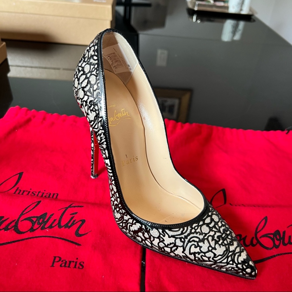 💯 Authentic Christian Louboutin So Pretty Black Beige 120 Stiletto Heels 38 US7 - Picture 3 of 13